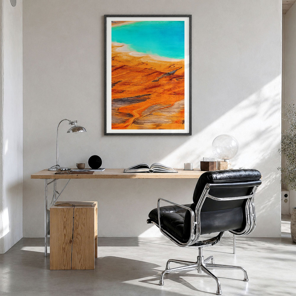 Yellowstone National Park Photo No 2 Poster in a black wood frame, hanging in a bright home office, white border