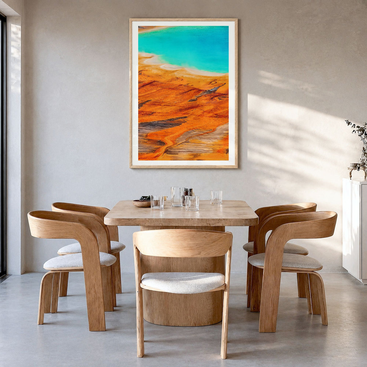 Yellowstone National Park Photo No 2 Poster in a natural wood frame, hanging in a dining room, white border