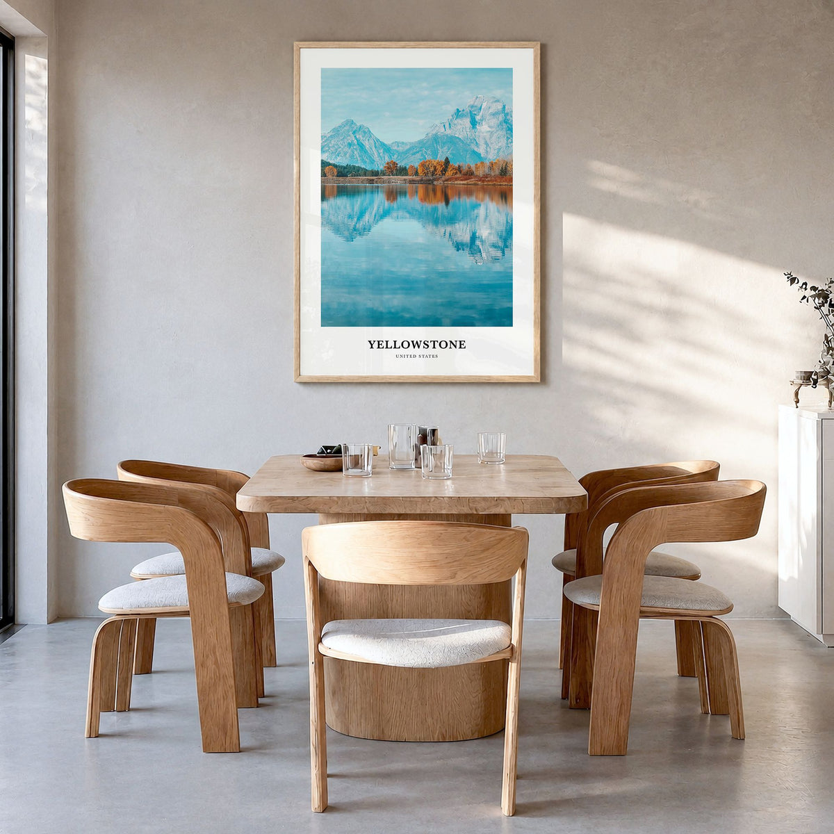 Yellowstone National Park Classic No 2 Poster in a natural wood frame, hanging in a dining room