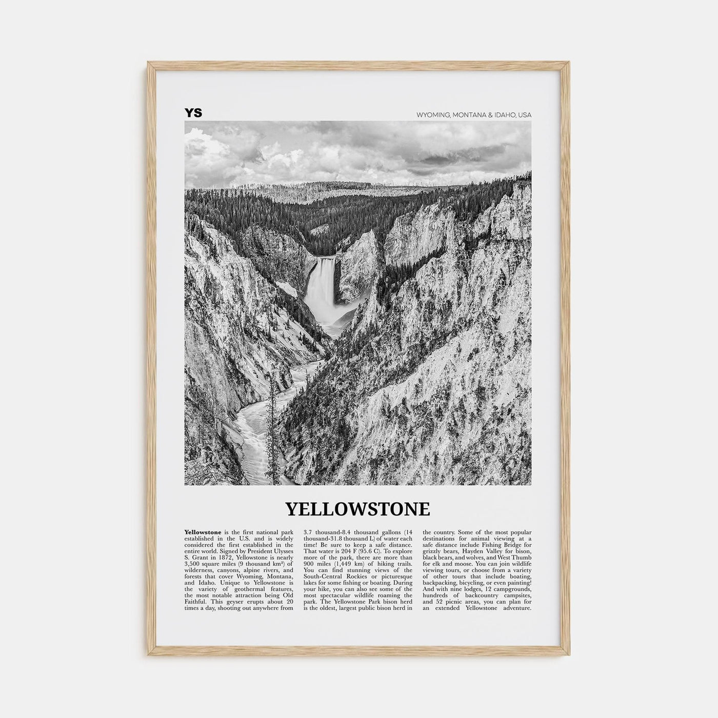 Yellowstone National Park Poster Natural Wood / 8x12 in Nbourhood Travel B&W Poster