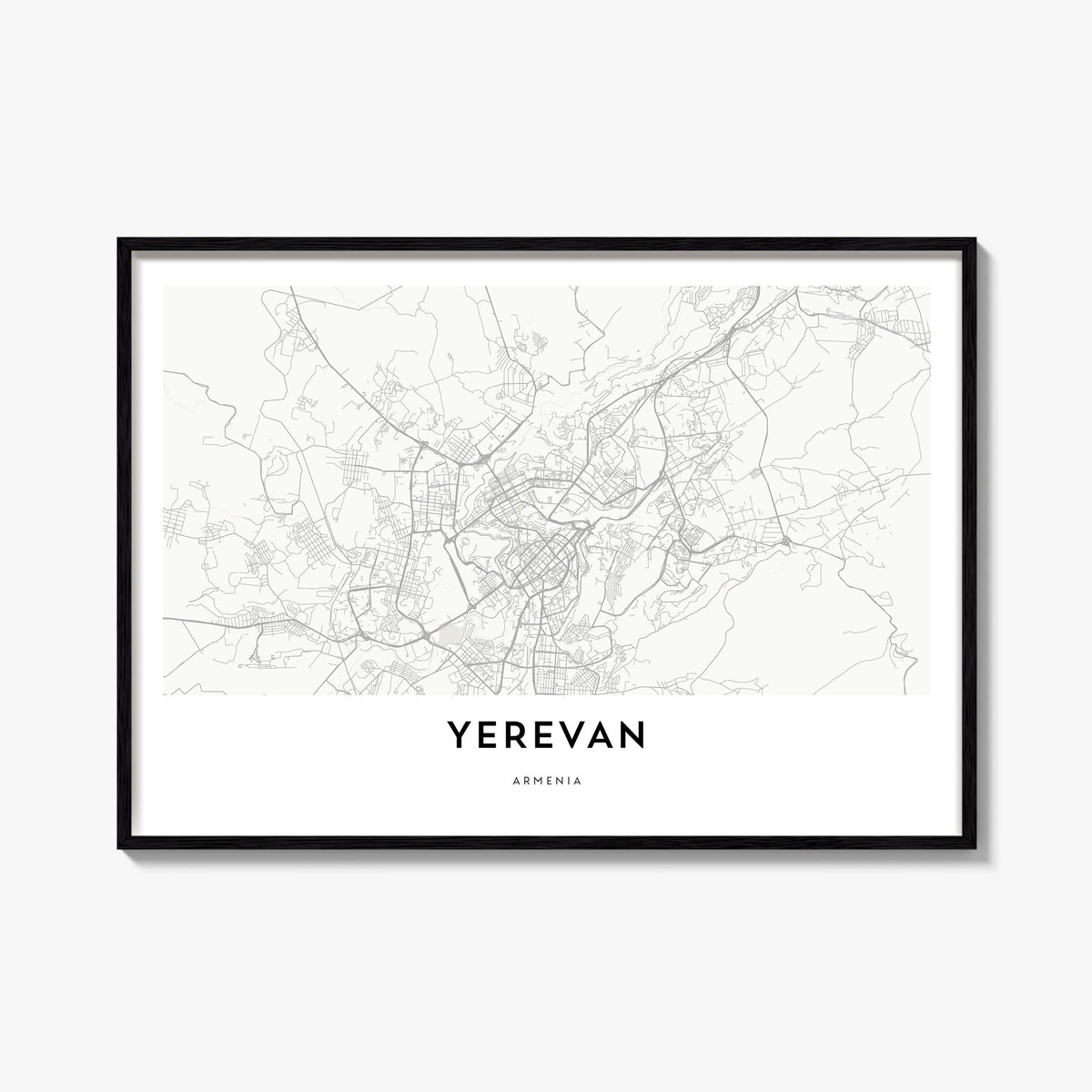 Yerevan black & white map poster of Armenia – horizontal wall art, unframed print shown in interior mockup