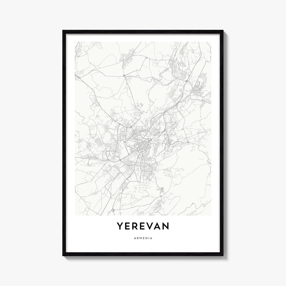 Yerevan black & white map poster of Armenia – vertical wall art, unframed print shown in interior mockup