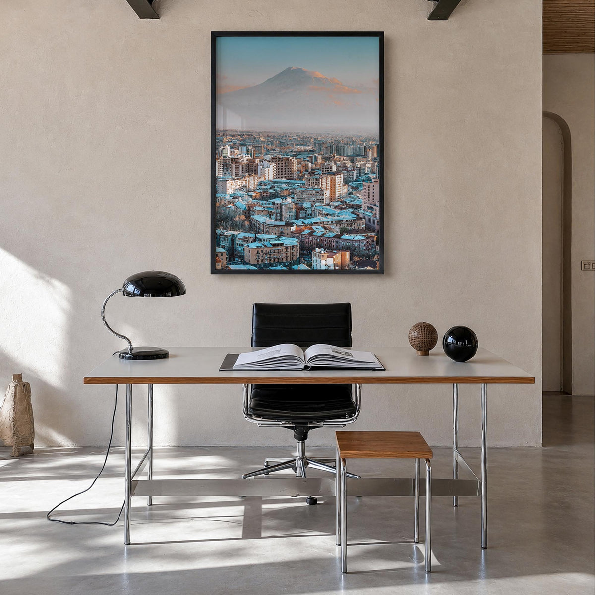 Yerevan colorful photo poster of Armenia – vertical wall art in black wood frame, hanging on wall