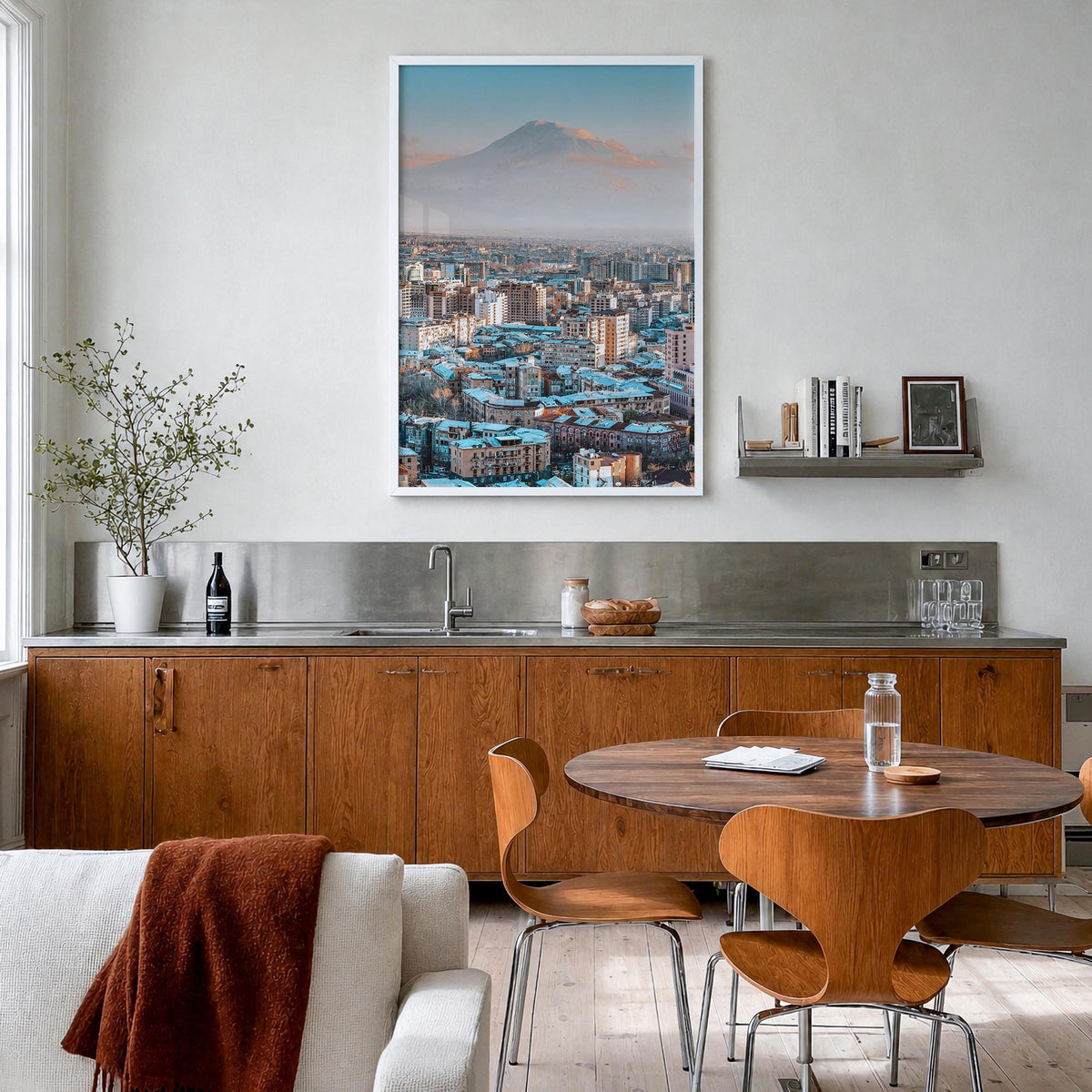 Yerevan colorful photo poster of Armenia – vertical wall art in white wood frame, hanging on wall