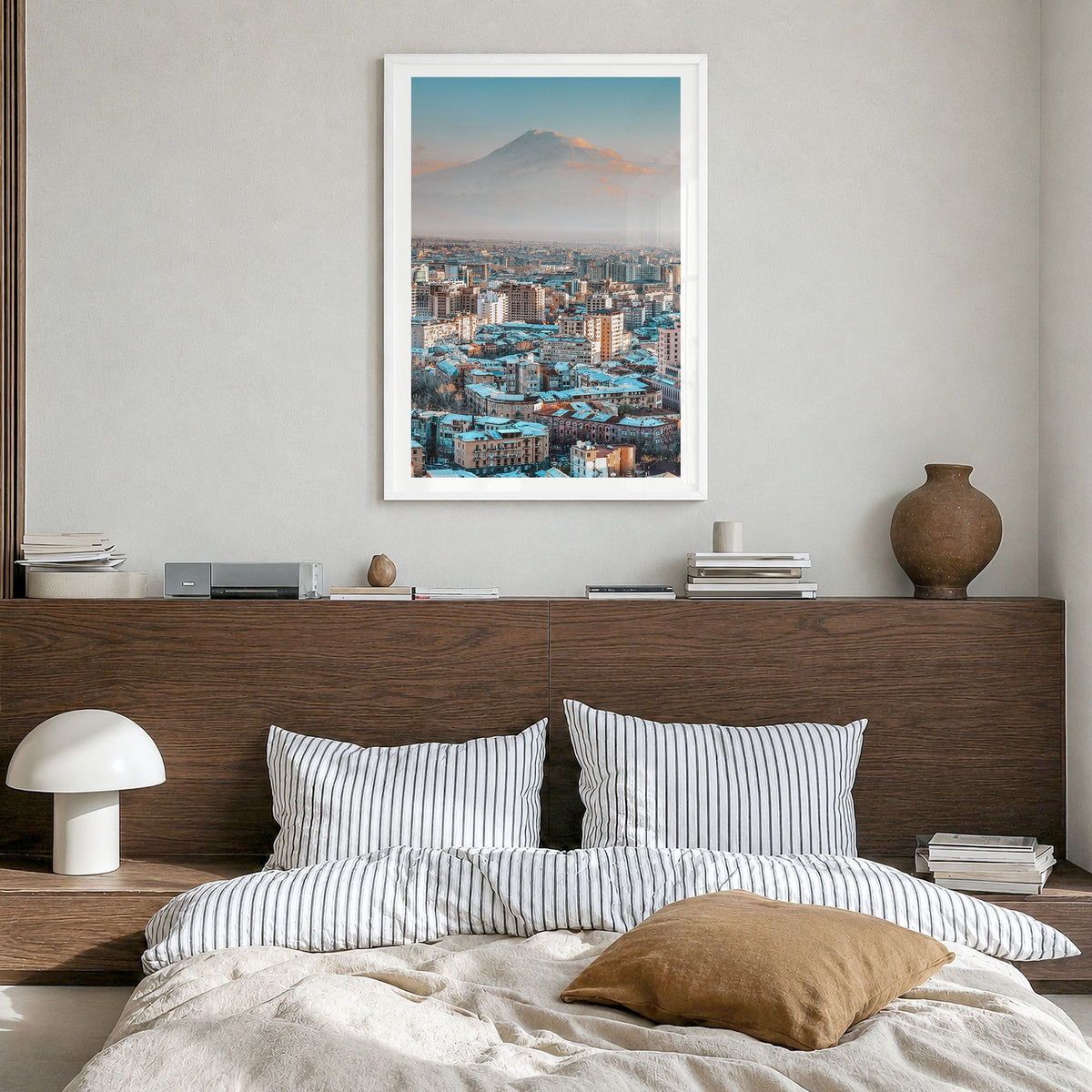 Yerevan Photo Poster in a white wood frame, hanging in a bedroom, white border