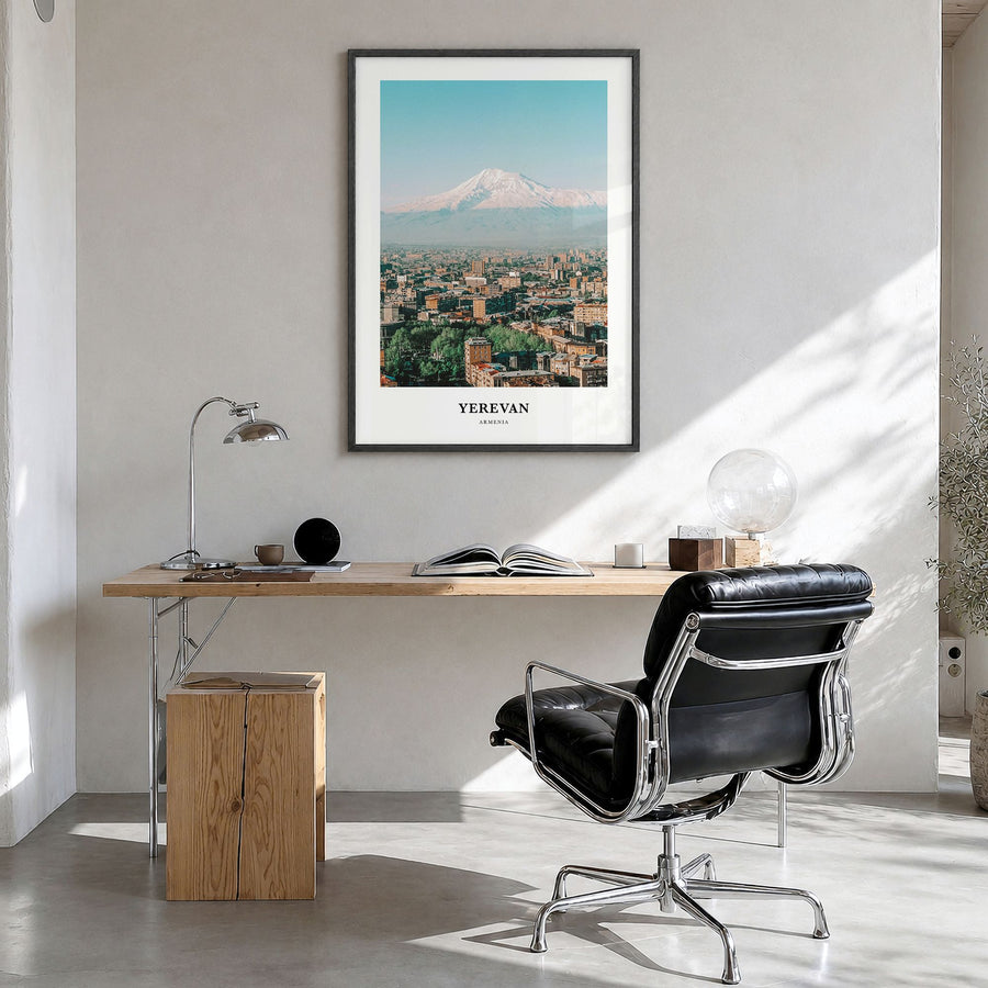 Yerevan Classic Poster in a black wood frame, hanging in a bright home office