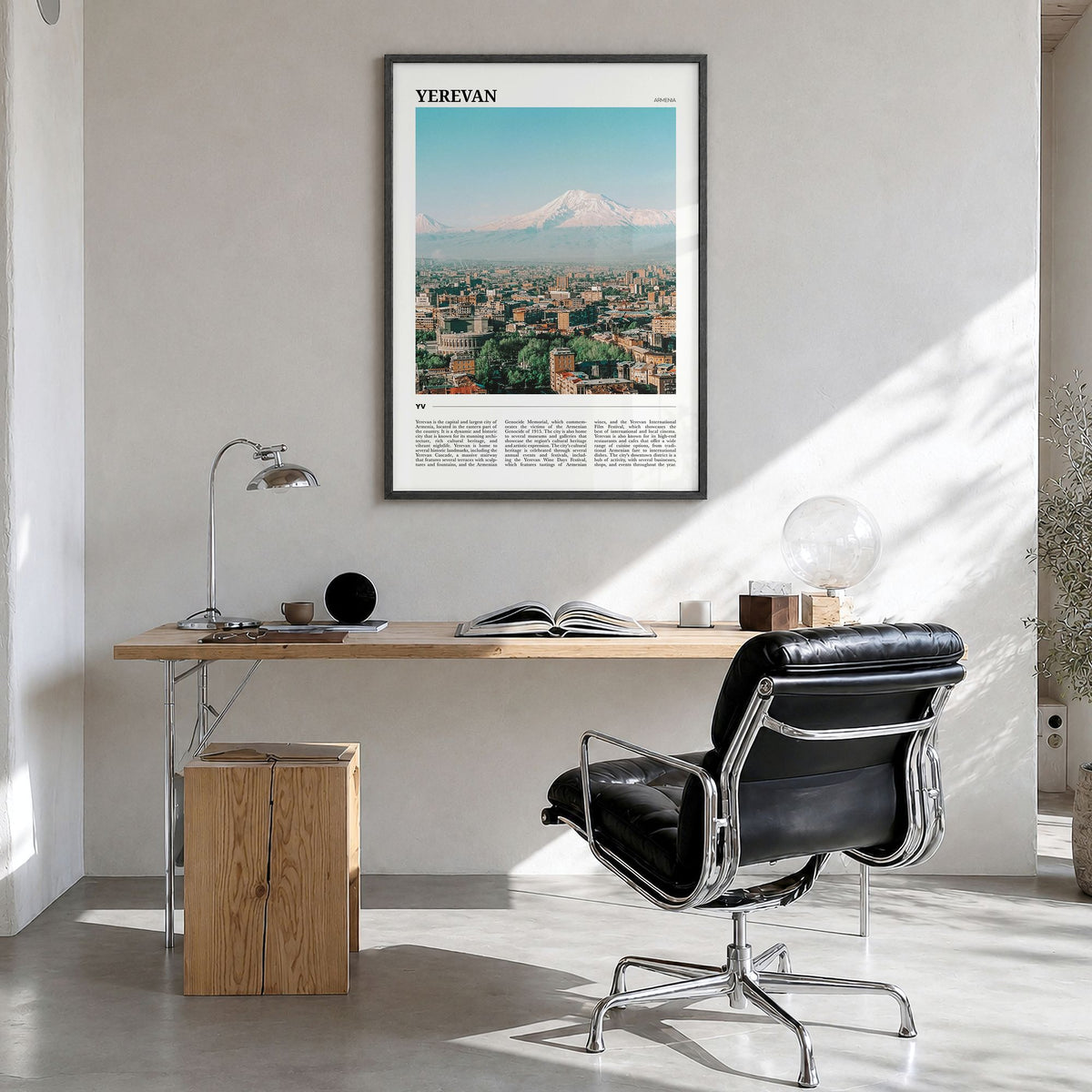 Yerevan Travel Poster in a black wood frame, hanging in a bright home office