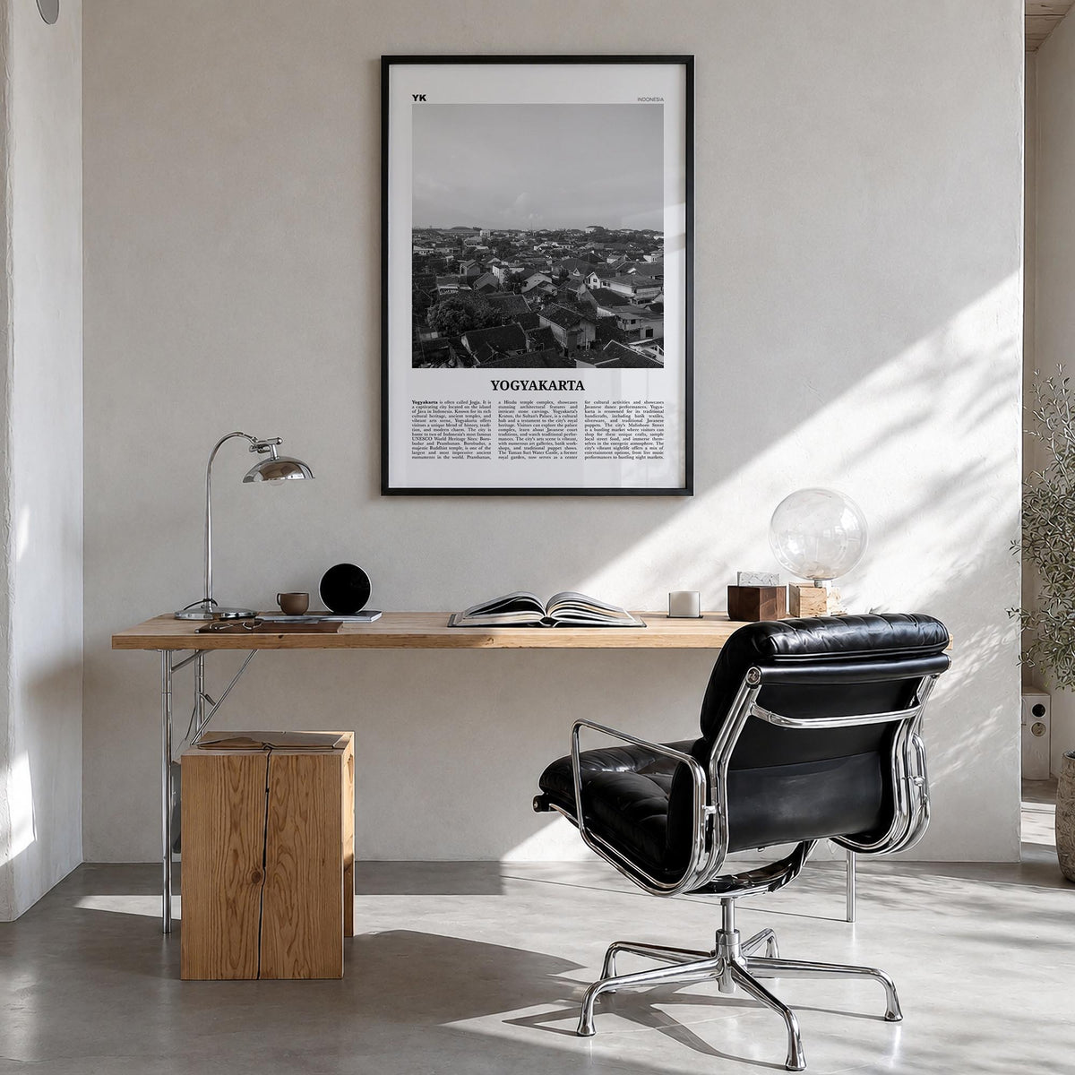 Yogyakarta black & white newspaper poster of Indonesia – vertical wall art in black wood frame, hanging on wall