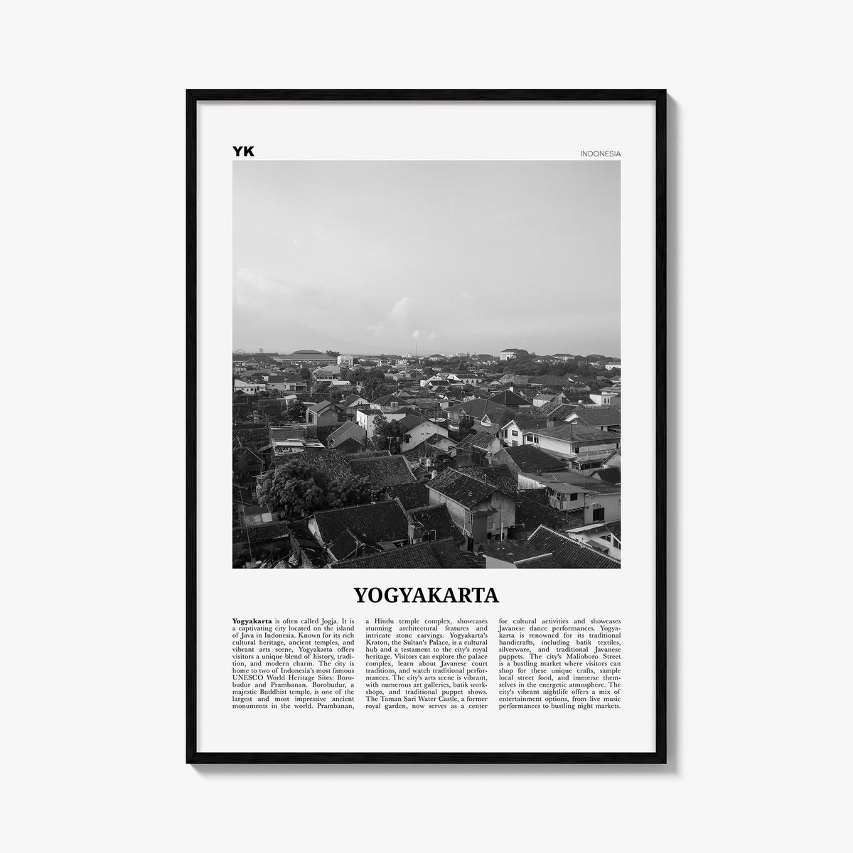 Yogyakarta black & white newspaper poster of Indonesia – vertical wall art, unframed print shown in interior mockup