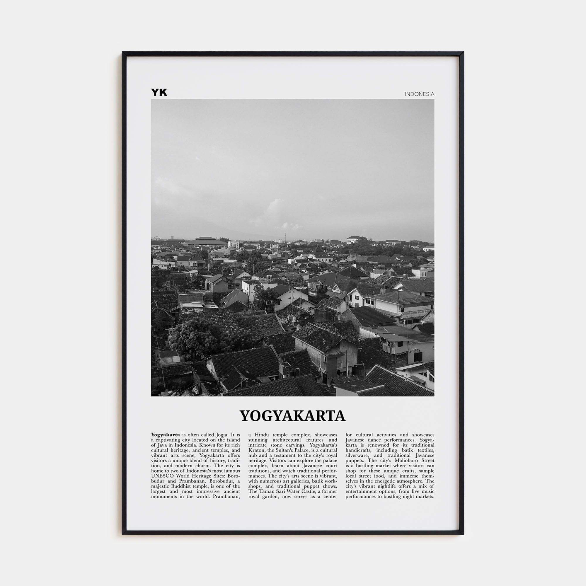 Yogyakarta Poster Black Metal / 8x12 in Nbourhood Travel B&W Poster
