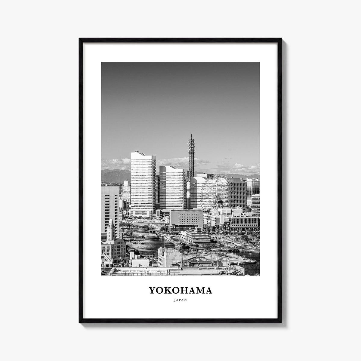 Yokohama black & white classic poster of Japan – vertical wall art, unframed print shown in interior mockup