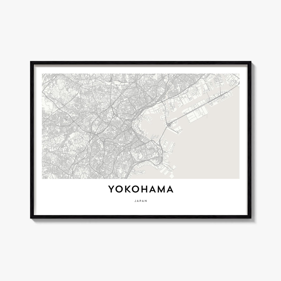 Yokohama black & white map poster of Japan – horizontal wall art, unframed print shown in interior mockup
