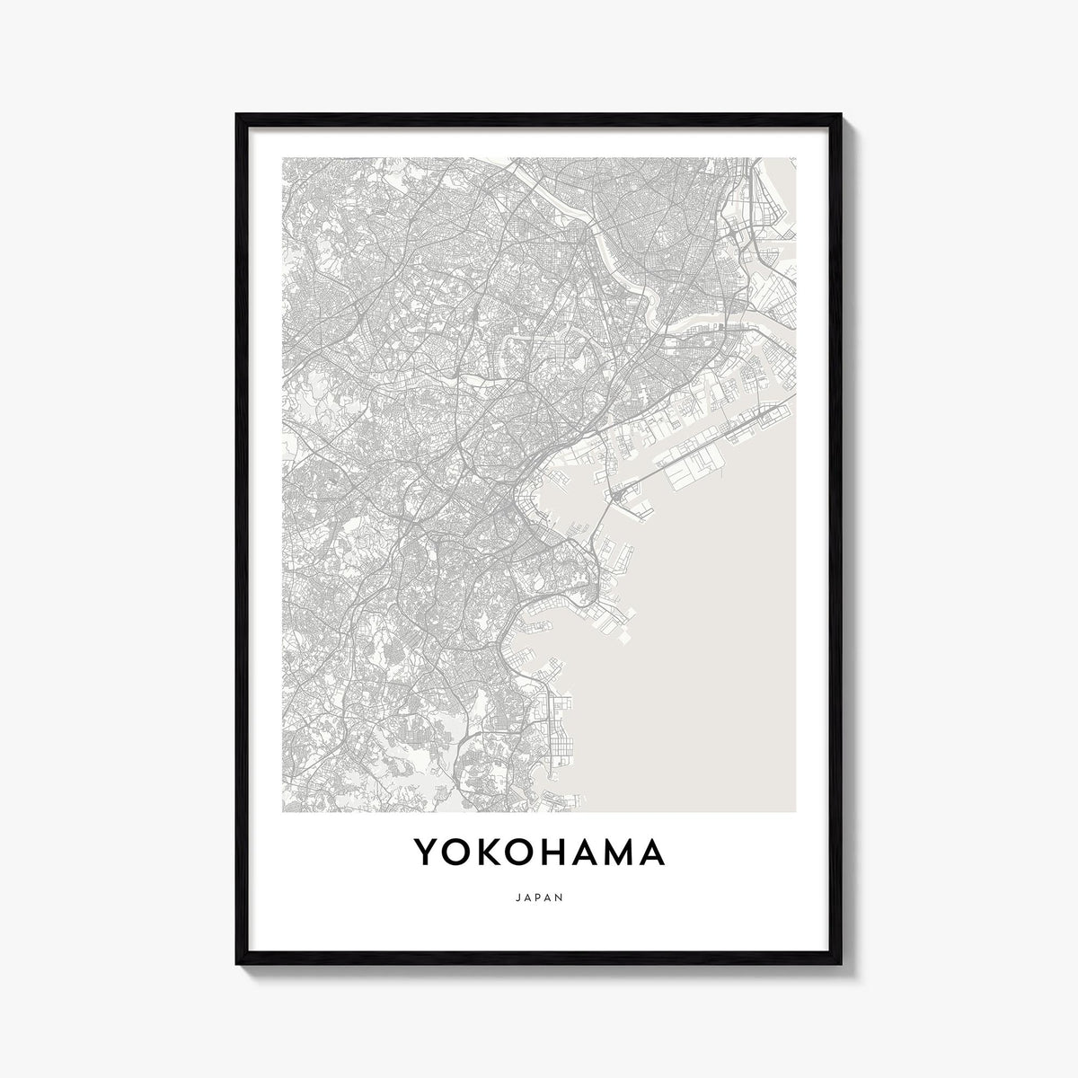 Yokohama black & white map poster of Japan – vertical wall art, unframed print shown in interior mockup