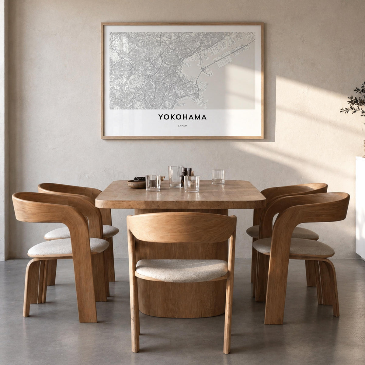 Yokohama black & white map poster of Japan – horizontal wall art in natural wood frame, hanging on wall