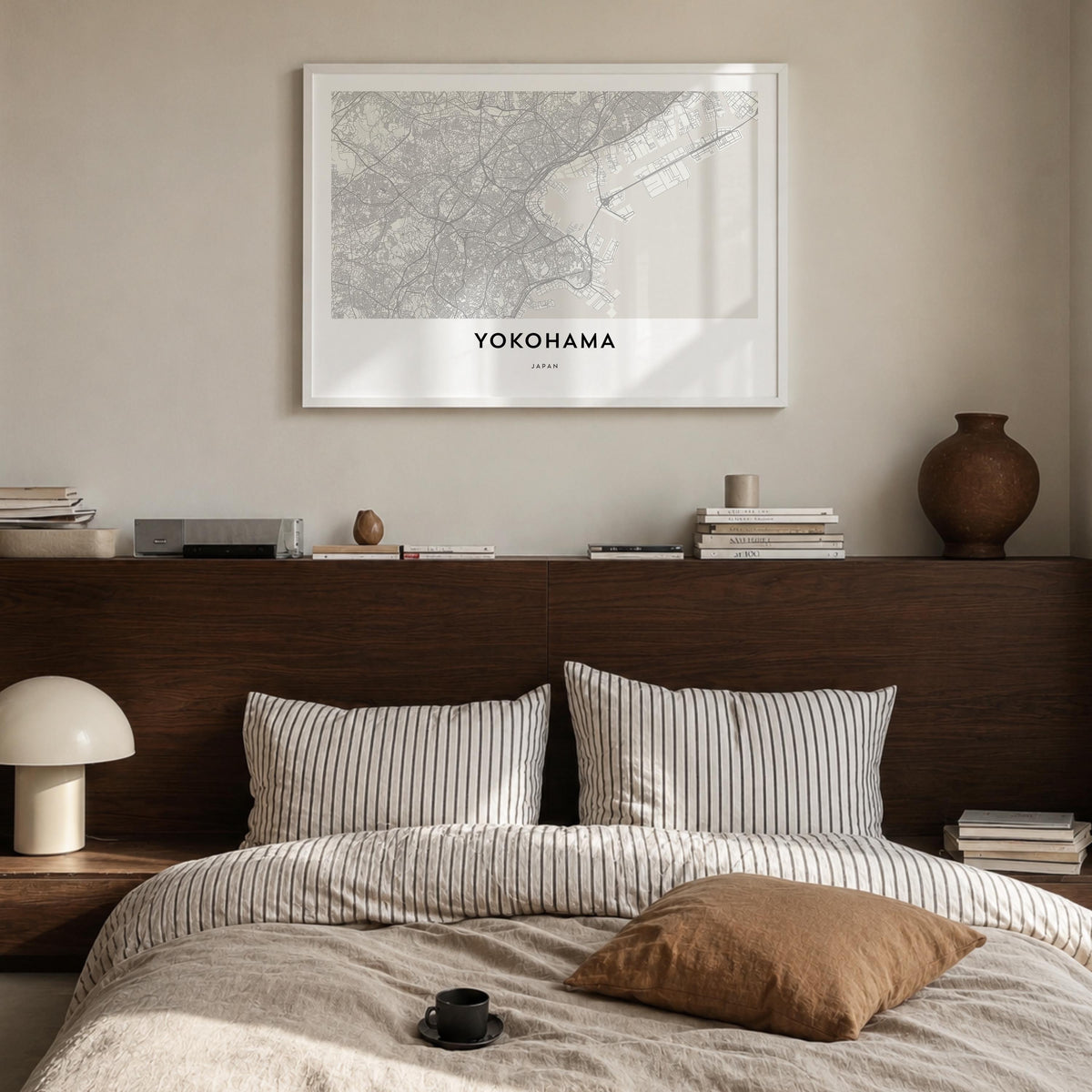 Yokohama black & white map poster of Japan – horizontal wall art in white wood frame, hanging on wall