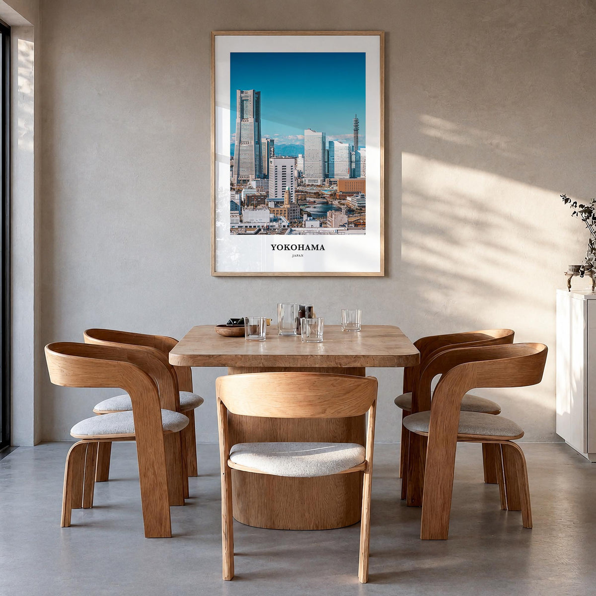 Yokohama colorful classic poster of Japan – vertical wall art in natural wood frame, hanging on wall