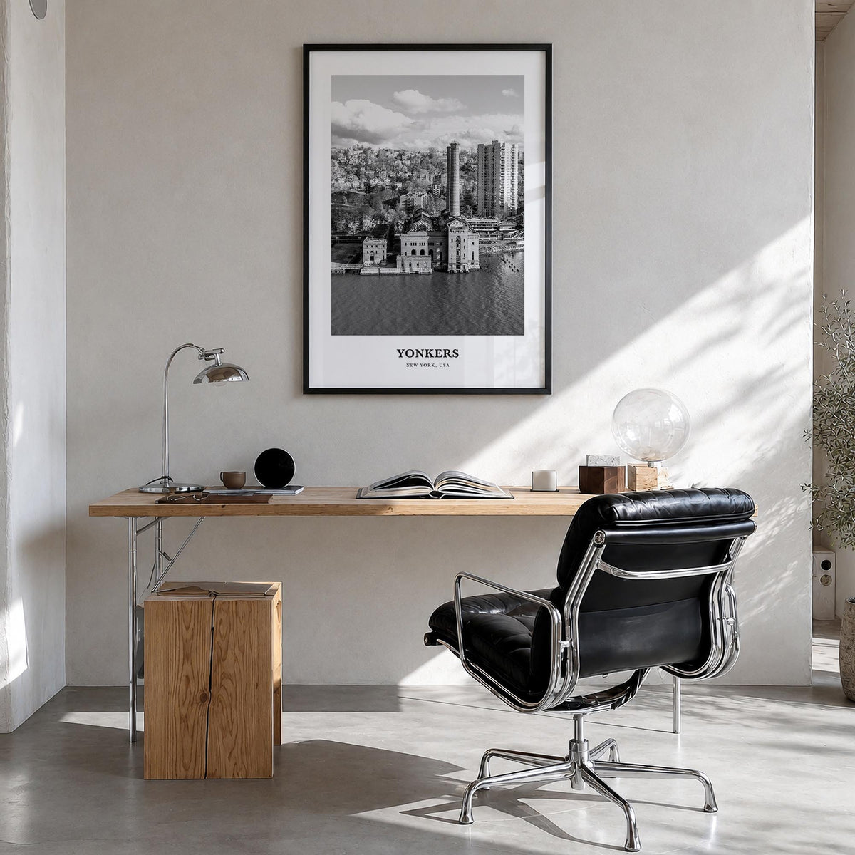 Yonkers black & white classic poster of New York, USA – vertical wall art in black wood frame, hanging on wall