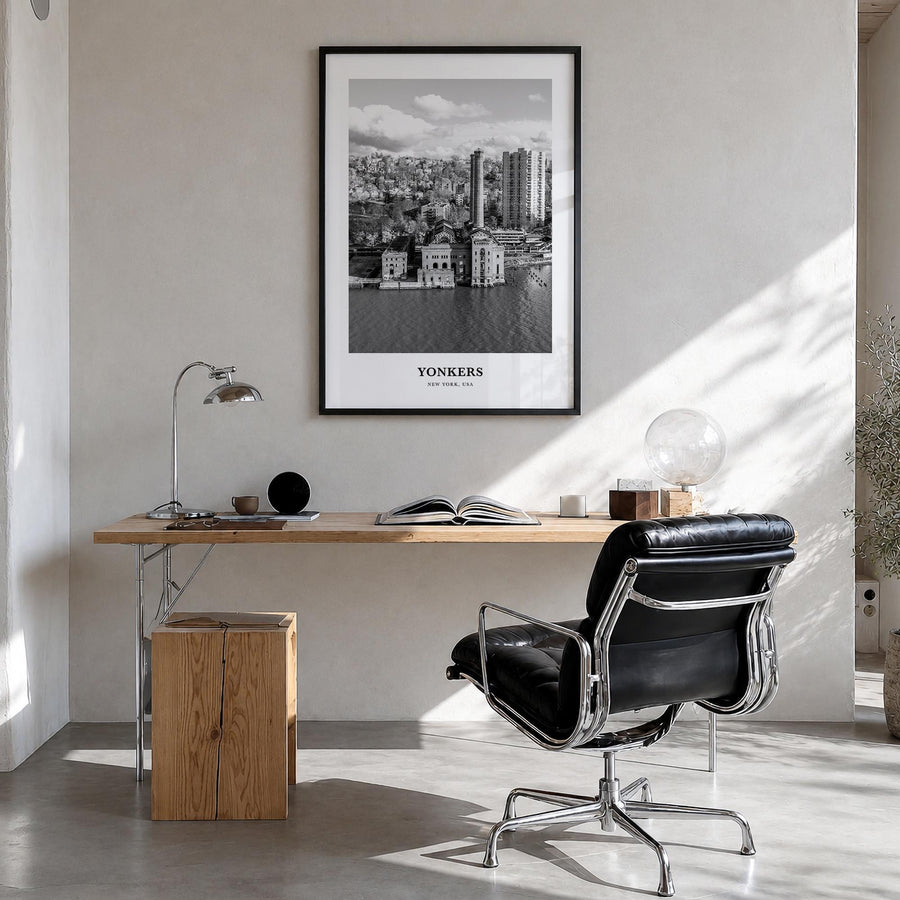 Yonkers black & white classic poster of New York, USA – vertical wall art in black wood frame, hanging on wall