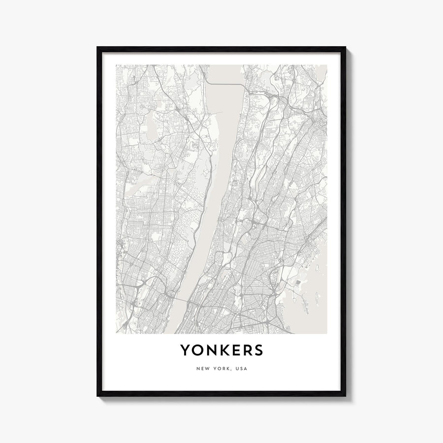 Yonkers black & white map poster of New York, USA – vertical wall art, unframed print shown in interior mockup