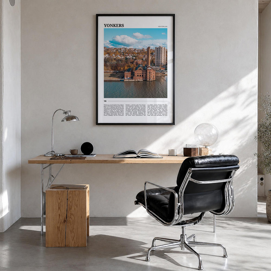 Yonkers colorful travel poster of New York, USA – vertical wall art in black wood frame, hanging on wall