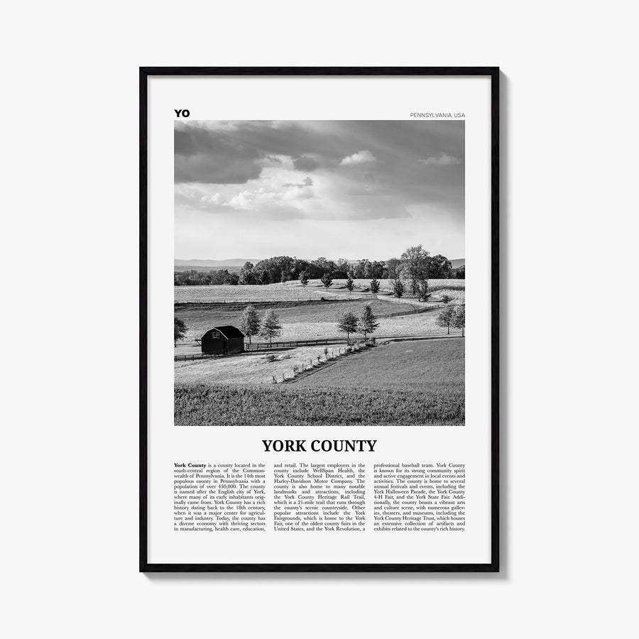 York County black & white newspaper poster of Pennsylvania, USA – vertical wall art, unframed print shown in interior mockup