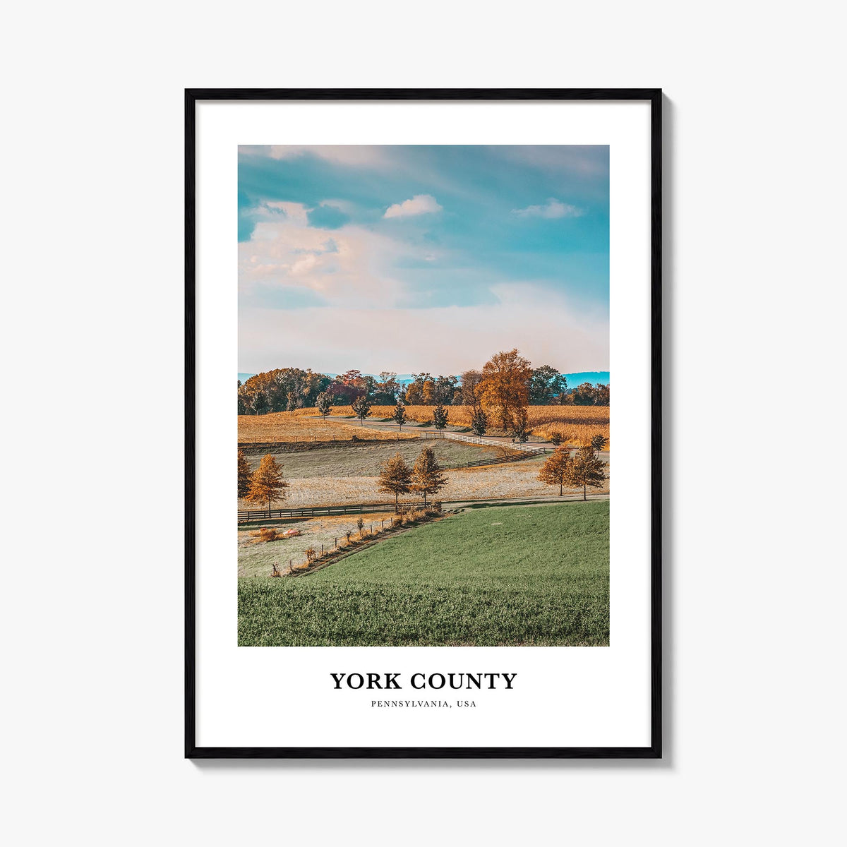 York County colorful classic poster of Pennsylvania, USA – vertical wall art, unframed print shown in interior mockup