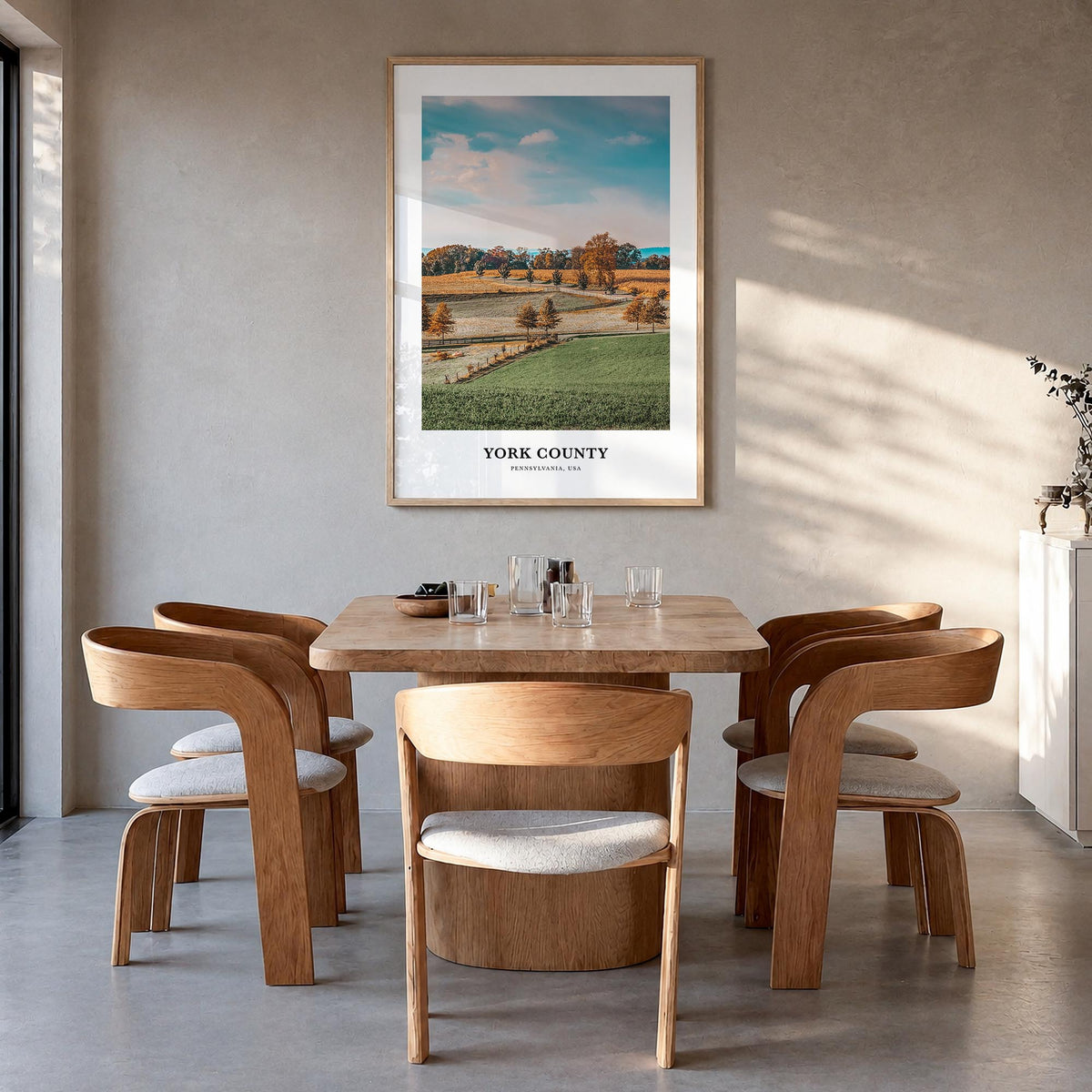 York County colorful classic poster of Pennsylvania, USA – vertical wall art in natural wood frame, hanging on wall