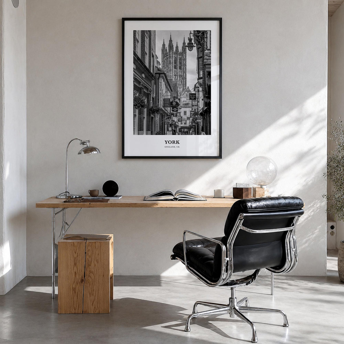 York, England black & white classic poster of United Kingdom – vertical wall art in black wood frame, hanging on wall