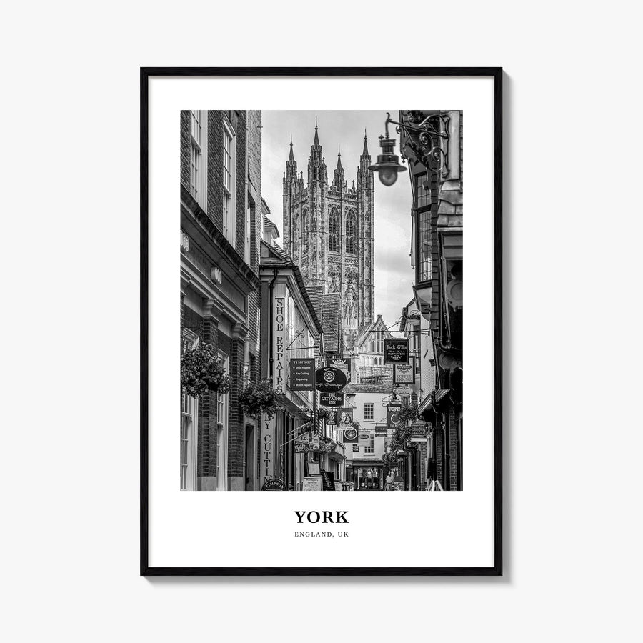 York, England black & white classic poster of United Kingdom – vertical wall art, unframed print shown in interior mockup