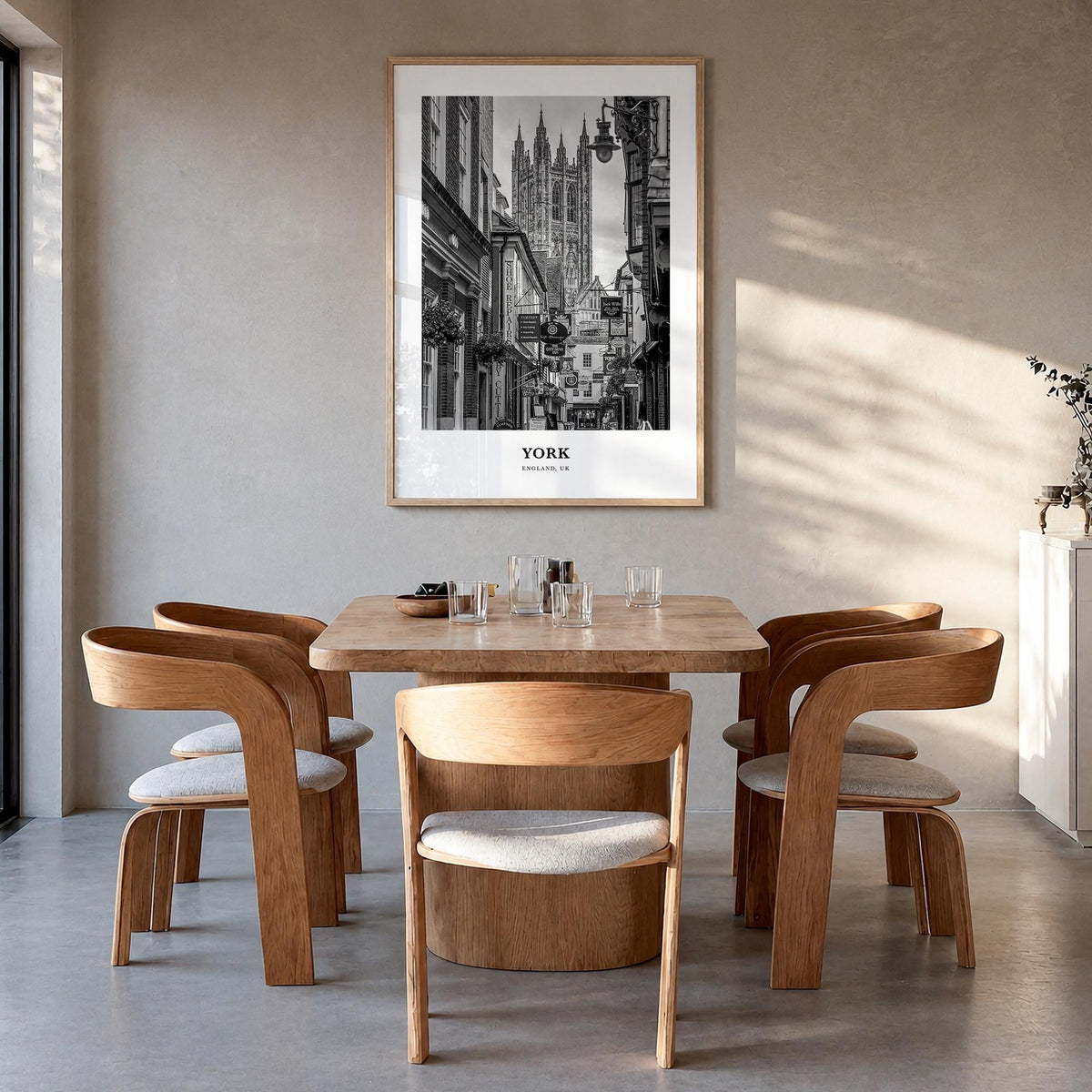 York, England black & white classic poster of United Kingdom – vertical wall art in natural wood frame, hanging on wall