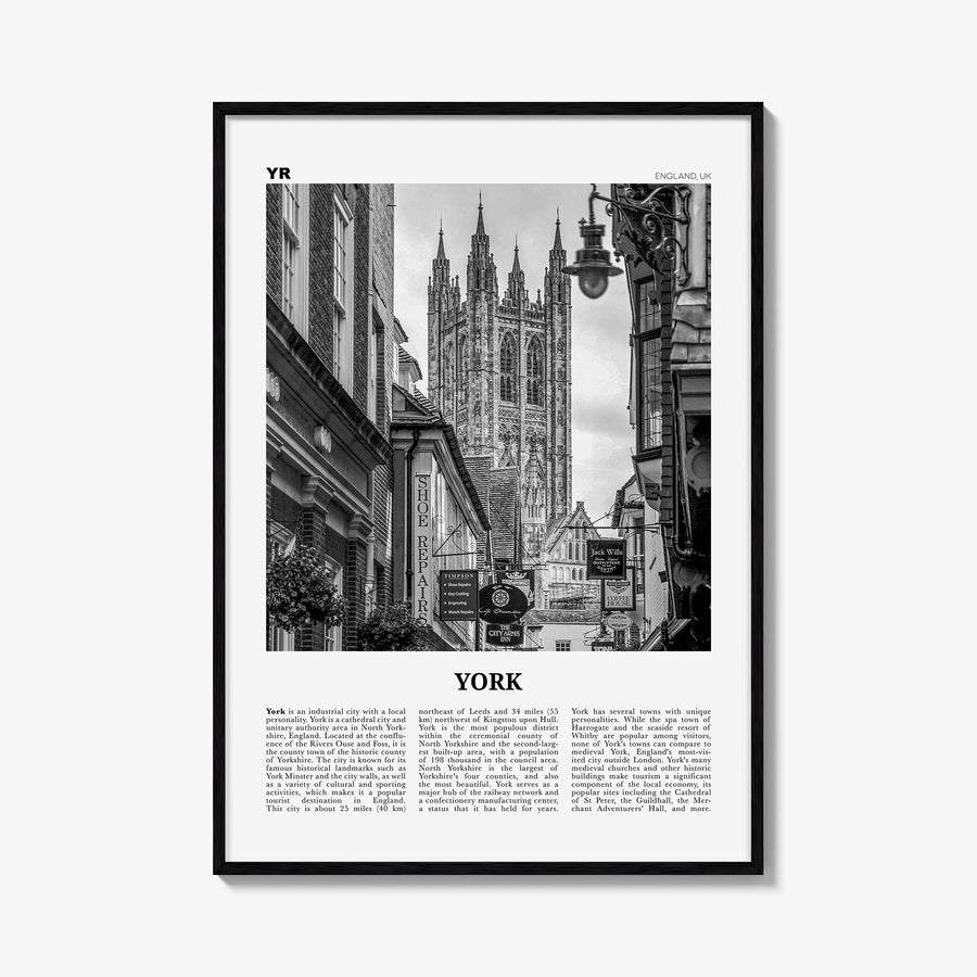 York, England black & white newspaper poster of United Kingdom – vertical wall art, unframed print shown in interior mockup