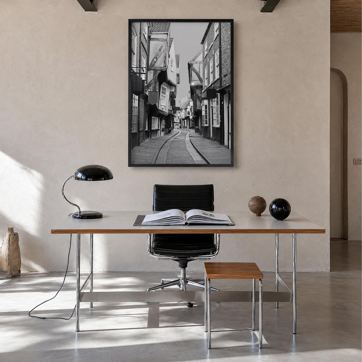 York, England black & white photo poster of United Kingdom – vertical wall art in black wood frame, hanging on wall
