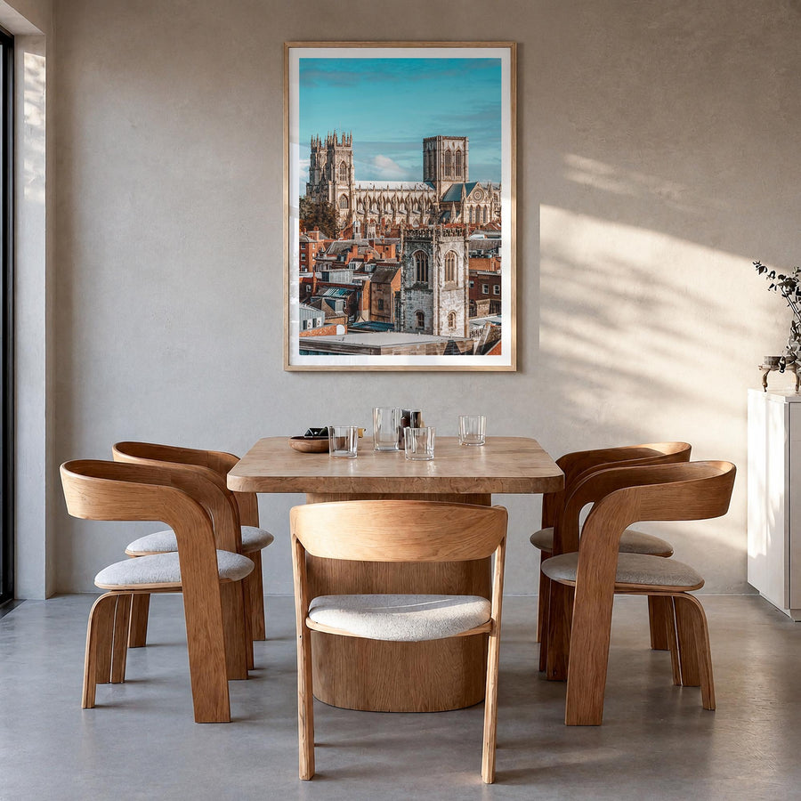 York, England colorful photo poster of United Kingdom – vertical wall art in natural wood frame with white border, hanging on
