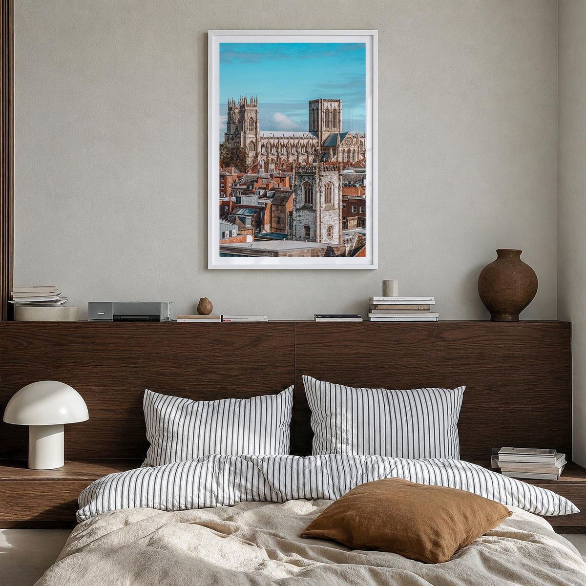 York, England colorful photo poster of United Kingdom – vertical wall art in white wood frame with white border, hanging on w