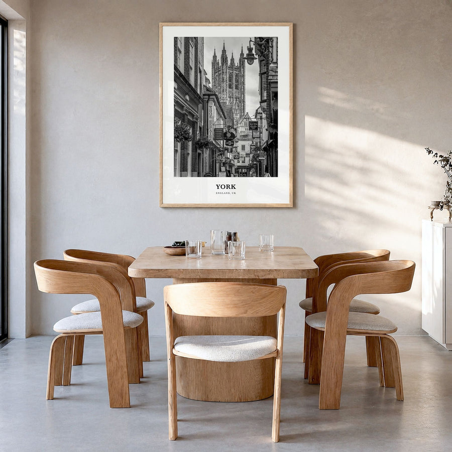 York, England Classic Poster in a natural wood frame, hanging in a dining room