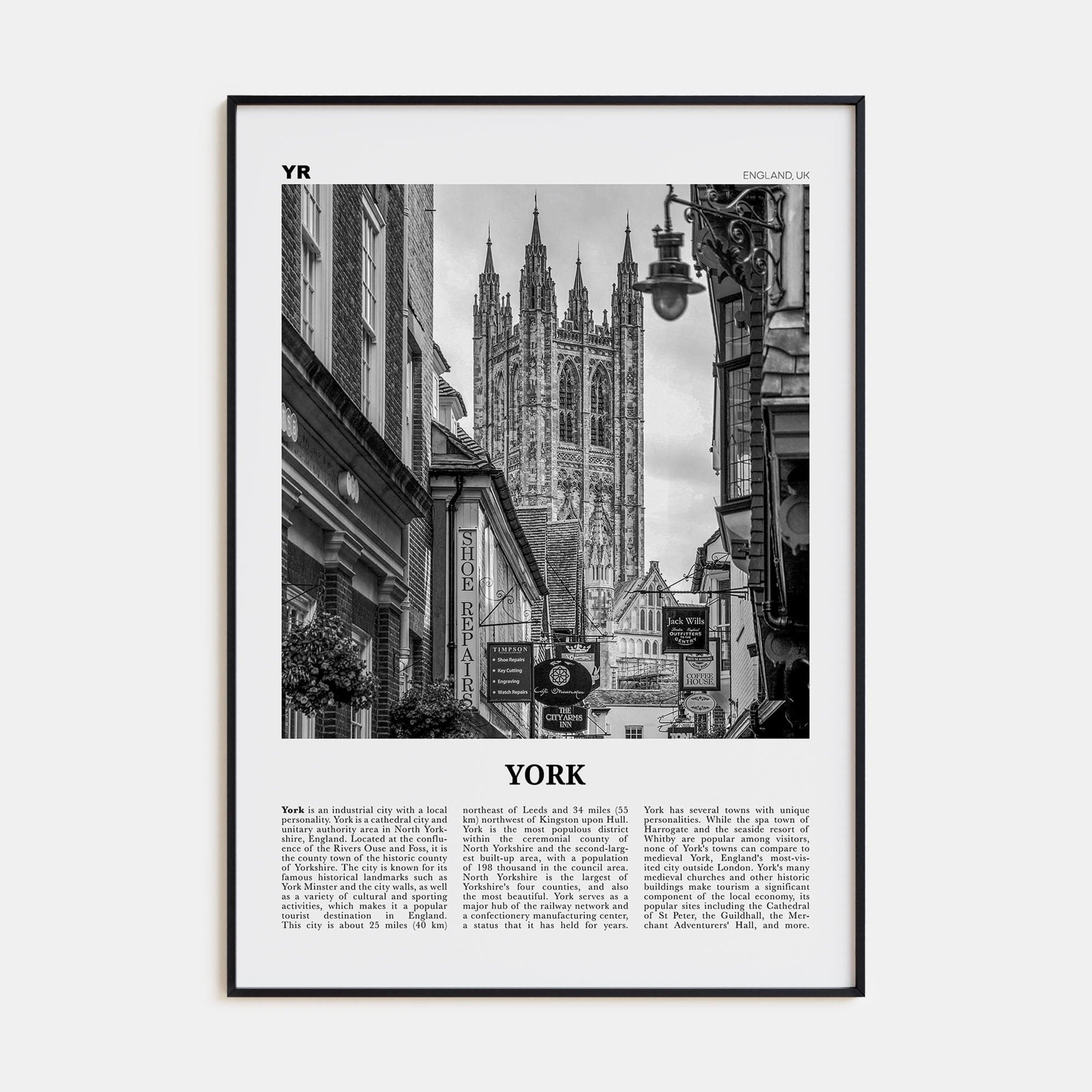 York, England Poster Black Metal / 8x12 in Nbourhood Travel B&W Poster