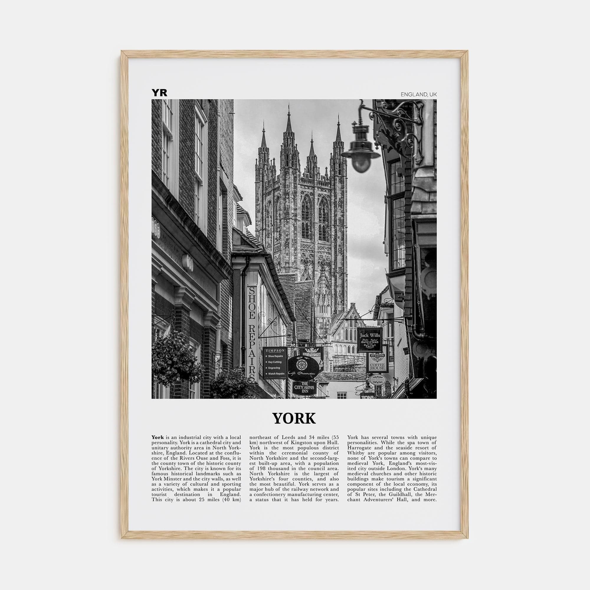 York, England Poster Natural Wood / 8x12 in Nbourhood Travel B&W Poster