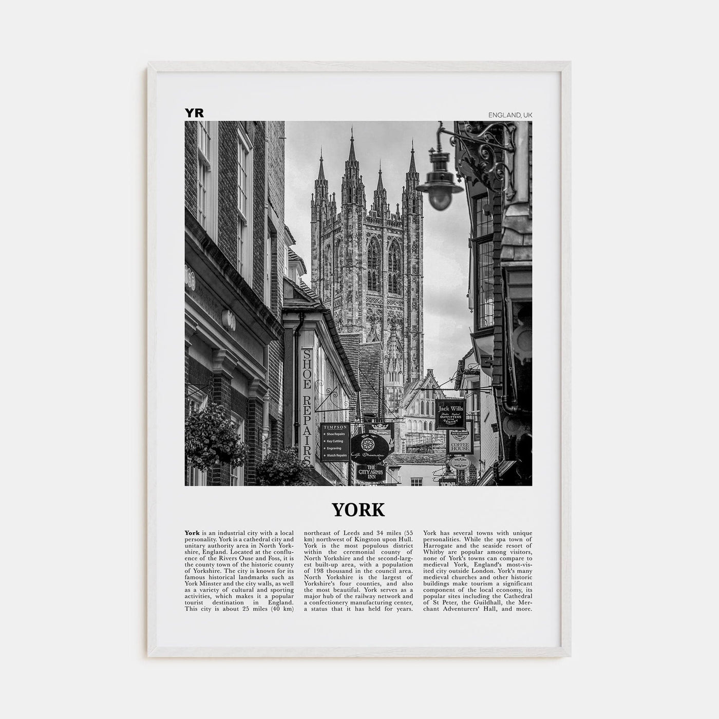 York, England Poster White Wood / 8x12 in Nbourhood Travel B&W Poster