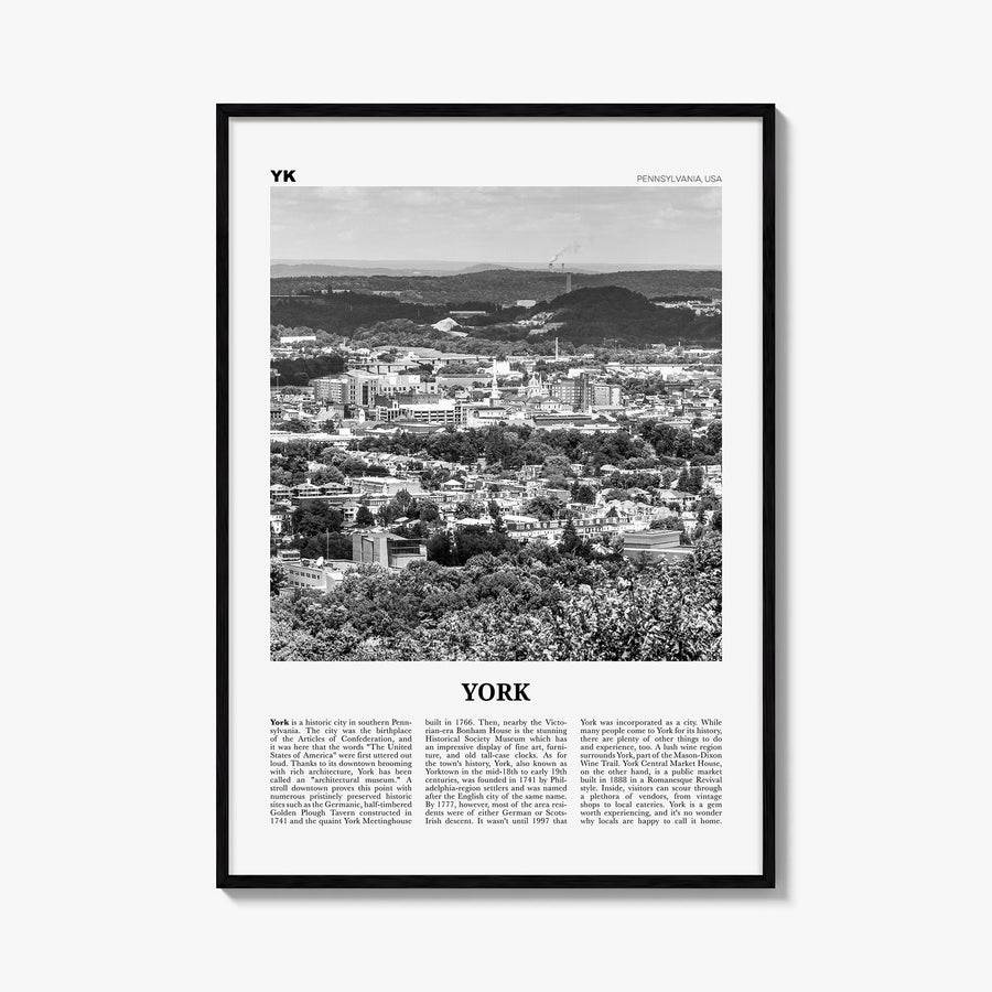 York, Pennsylvania black & white newspaper poster of Pennsylvania, USA – vertical wall art, unframed print shown in interior 