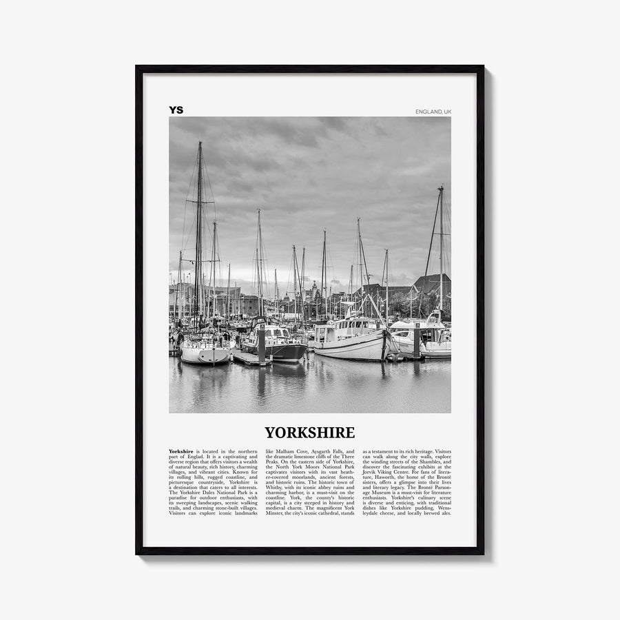 Yorkshire black & white newspaper poster of United Kingdom – vertical wall art, unframed print shown in interior mockup