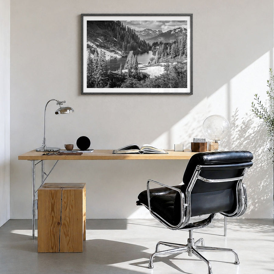 Yosemite National Park Photo No 1 Poster in a black wood frame, hanging in a bright home office, white border