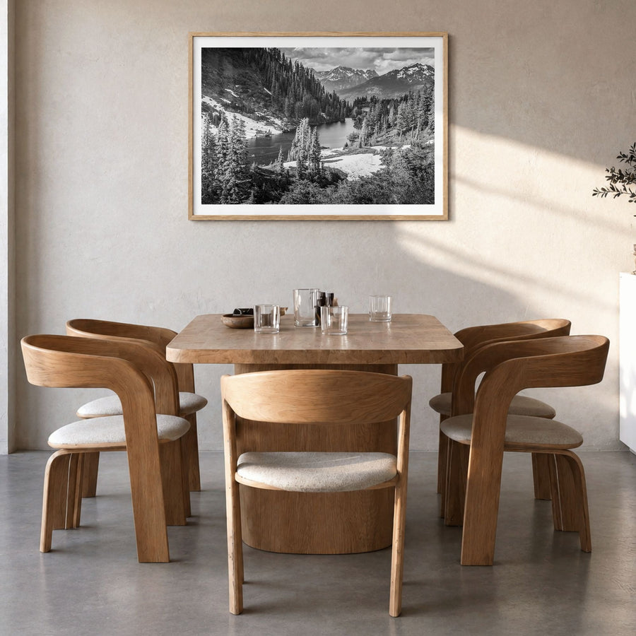 Yosemite National Park Photo No 1 Poster in a natural wood frame, hanging in a dining room, white border