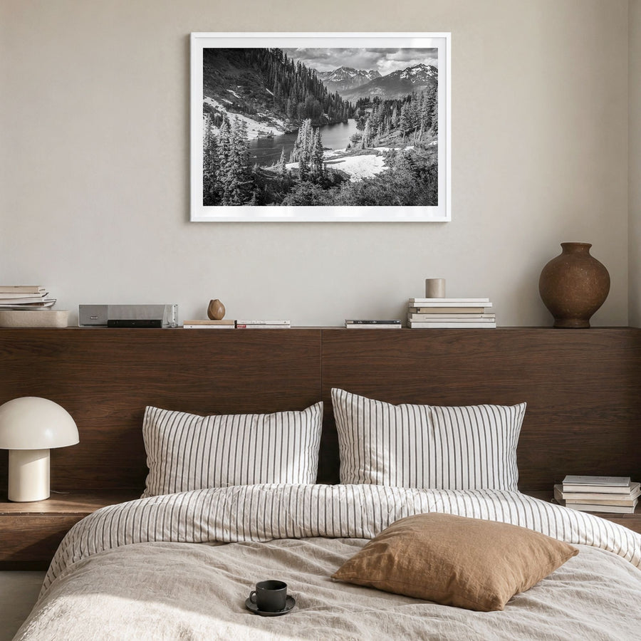 Yosemite National Park Photo No 1 Poster in a white wood frame, hanging in a bedroom, white border