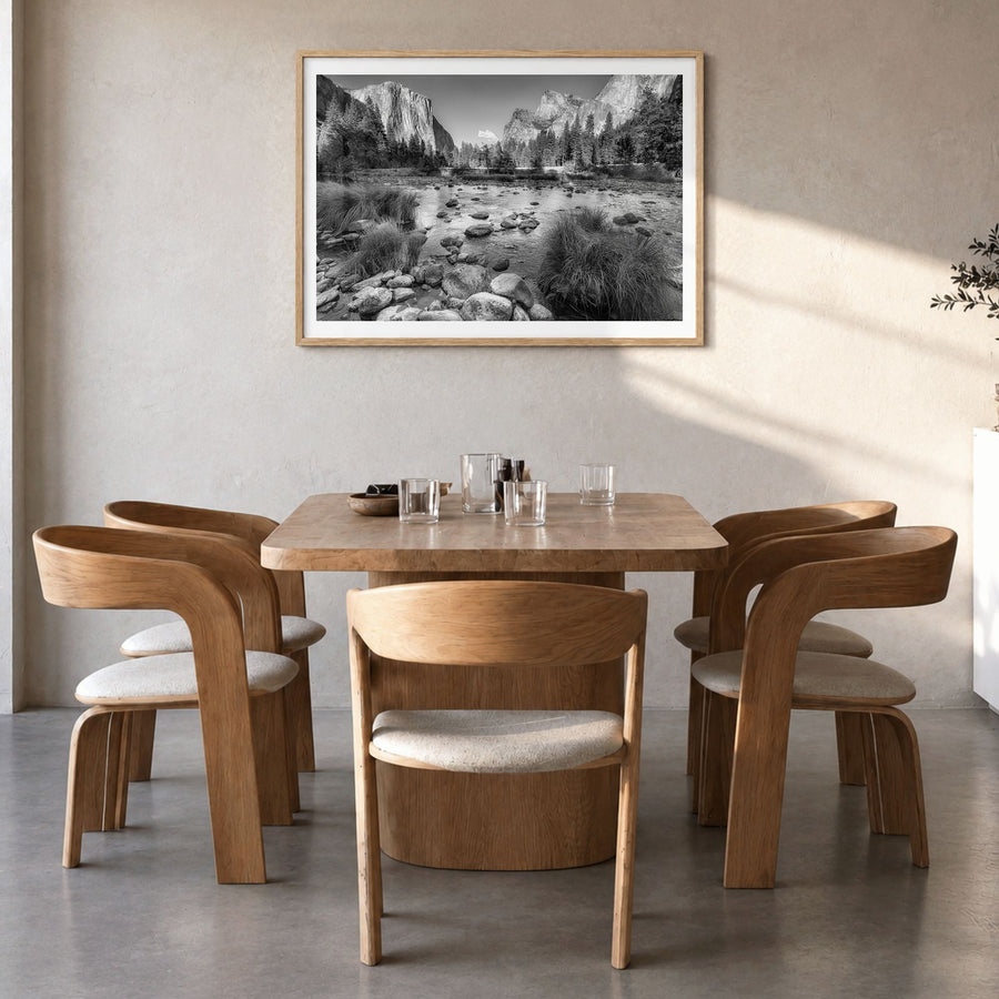 Yosemite National Park Photo No 2 Poster in a natural wood frame, hanging in a dining room, white border