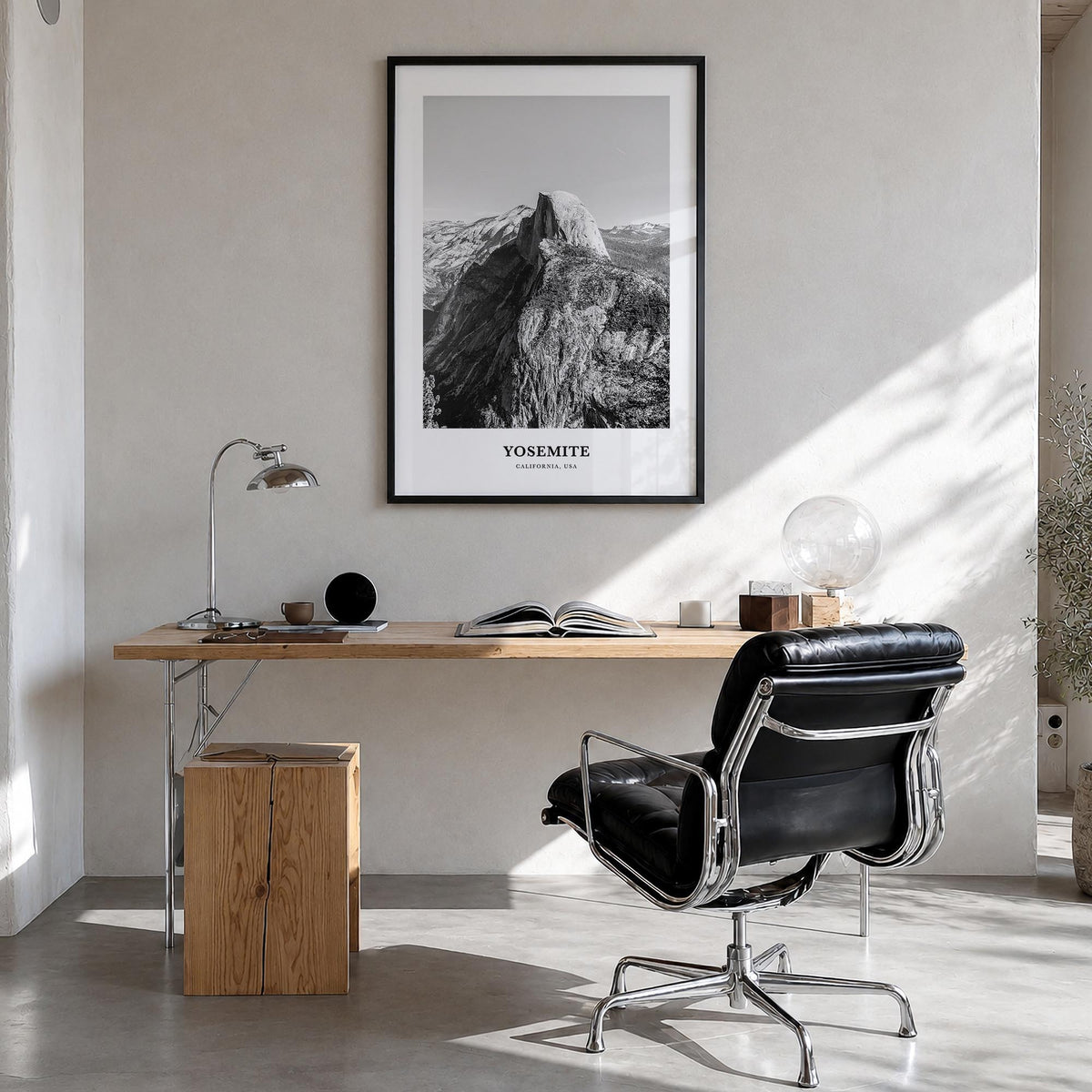 Yosemite National Park no. 1 black & white classic poster of California, USA – vertical wall art in black wood frame, hanging