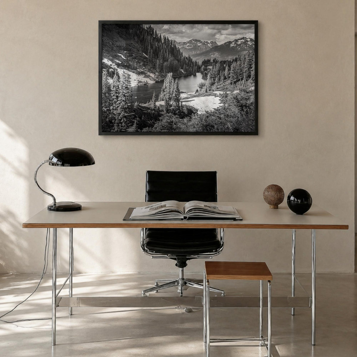 Yosemite National Park no. 1 black & white photo poster of California, USA – horizontal wall art in black wood frame, hanging