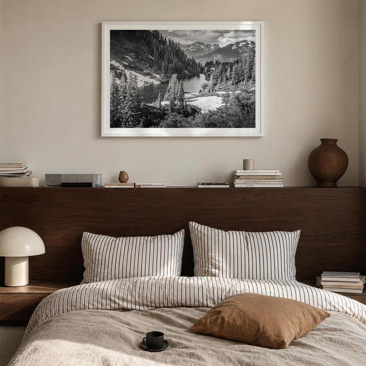 Yosemite National Park no. 1 black & white photo poster of California, USA – horizontal wall art in white wood frame with whi