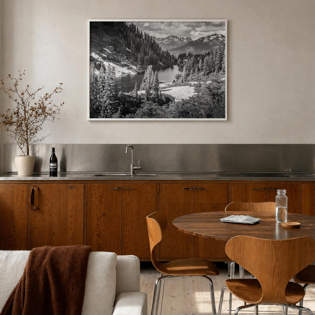 Yosemite National Park no. 1 black & white photo poster of California, USA – horizontal wall art in white wood frame, hanging