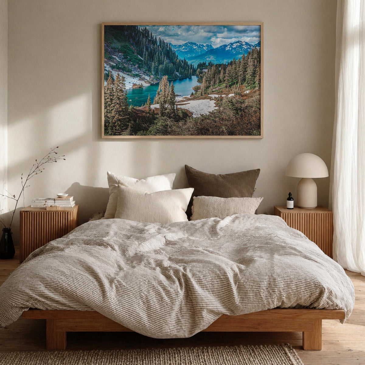 Yosemite National Park no. 1 colorful photo poster of California, USA – horizontal wall art in natural wood frame, hanging on