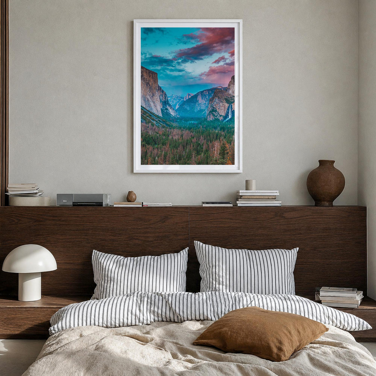 Yosemite National Park no. 1 colorful photo poster of California, USA – vertical wall art in white wood frame with white bord